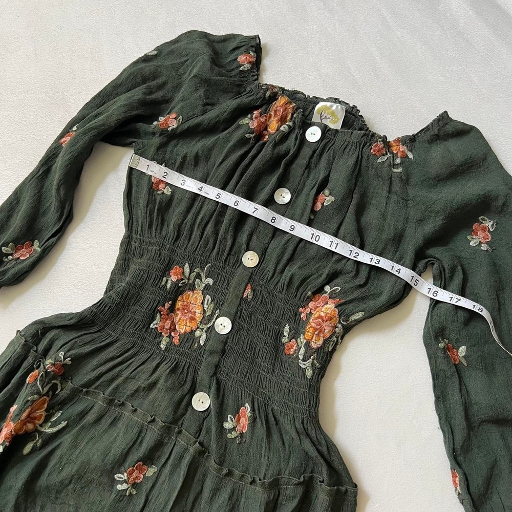 Fig & Flower Green Floral Embroidered Long Tiered Maxi Autumn Fall Thanksgiving - Picture 5 of 8